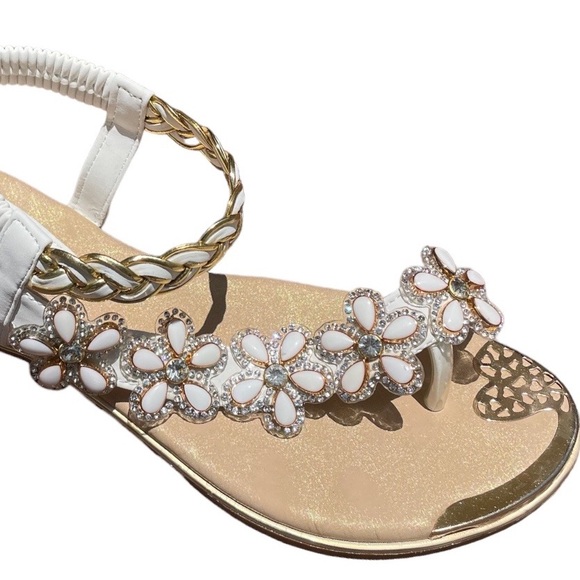 Italina Atalina White & Braided Gold Embellished Between The Toe Floral Sandal - Picture 3 of 8